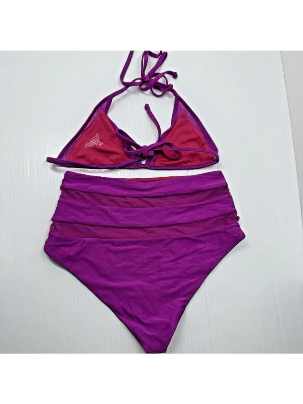 Lovers Friends Revolve Magenta Triangle Halter High Waist Mesh Bikini Set XS - Picture 6 of 7